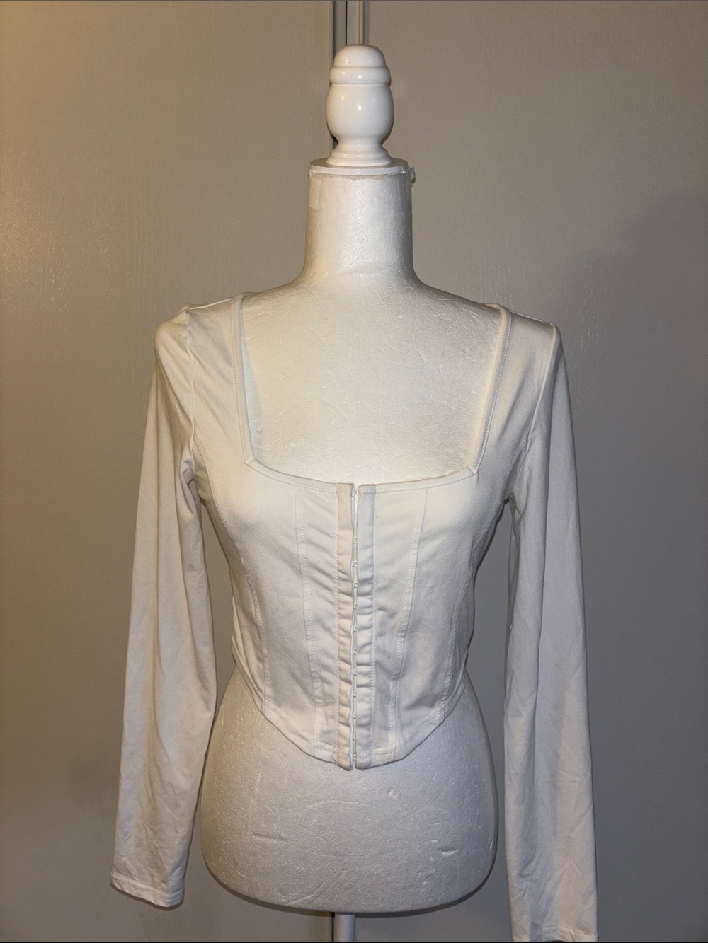 Square Neck Long Sleeve Corset-Style Top in White